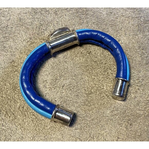 Two-Tone Blue Leather Wrap Bracelet Silverplated Fittings & Turquoise Cabochon S - Picture 9 of 10
